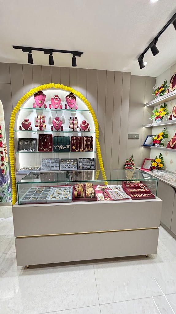 Studio counter with jewellery arranged for display